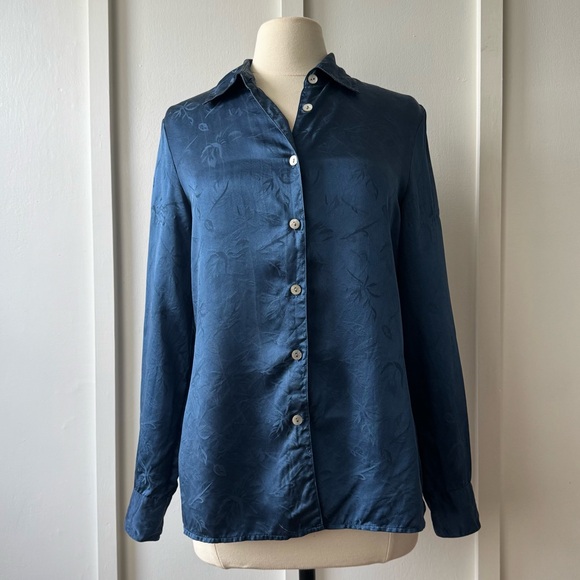 Vintage-Inspired Silk Button Down Shirt – Navy Floral Jacquard, Long Sleeve - Picture 1 of 14